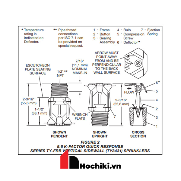 TY3331 Đầu phun Sprinkler Tyco hướng ngang, Đầu phun sprinkler Tyco-UL